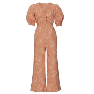 CAPULET Floral Wide Leg Jumpsuit Orange Puff Sleeve V Neck Button Front